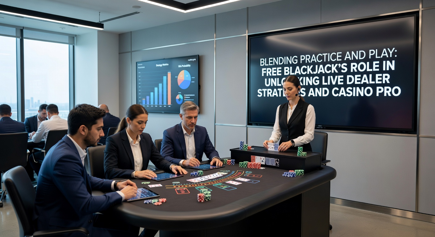 Nahaufnahme eines Live-Blackjack-Tisches mit einem eleganten Dealer, der Karten mischt, umgeben von virtuellen Chips und einem Overlay mit Promotions-Bannern, das den Sprung von Übung zu echten Gewinnen illustriert