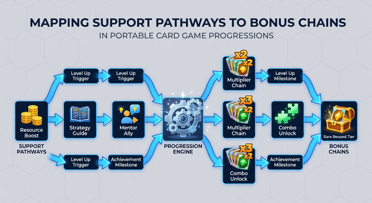 Mittlere Darstellung technischer Verbindungen zwischen Support-Systemen, Bonus-Ketten und mobilen Progressionsebenen mit Diagrammen und Datenflüssen