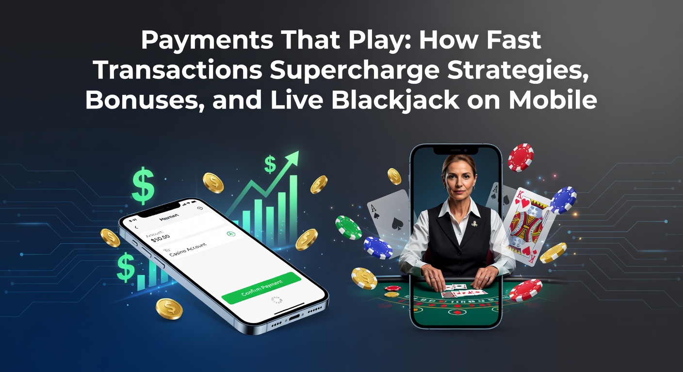 Smartphone mit Casino-App und blitzschneller Zahlungstransaktion im Vordergrund, umgeben von Blackjack-Karten und Bonus-Symbolen