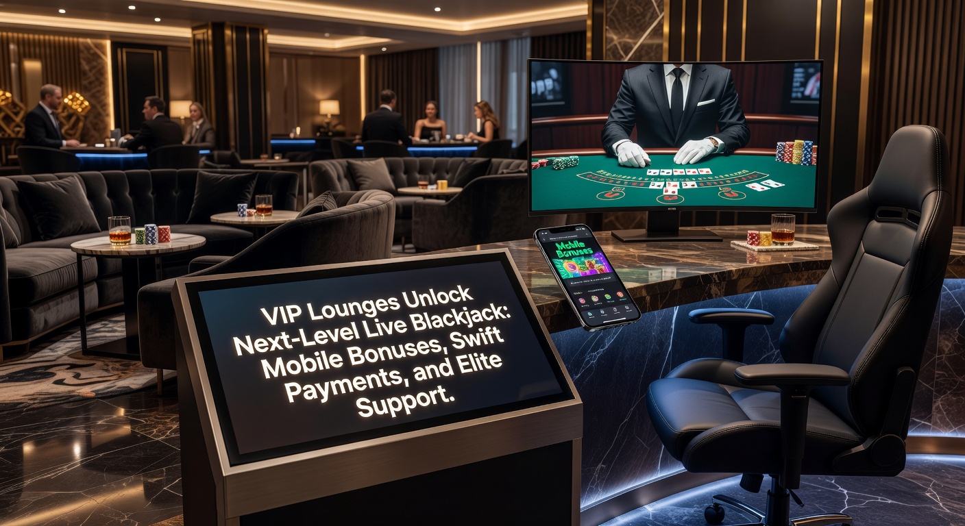 Elegantes VIP-Lounge-Interieur mit Live-Blackjack-Tisch und mobilen Geräten im Vordergrund, das den Luxus und die Exklusivität von High-Roller-Bereichen symbolisiert