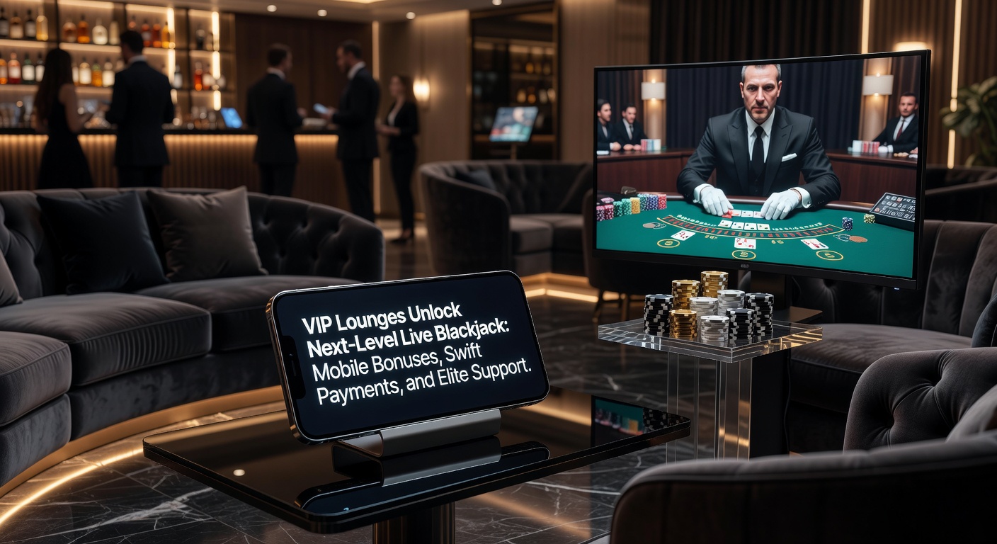 Smartphone mit Live-Blackjack-App im VIP-Modus, umgeben von Bonus-Icons und schnellen Zahlungsoptionen, das Mobilität und Exklusivität betont